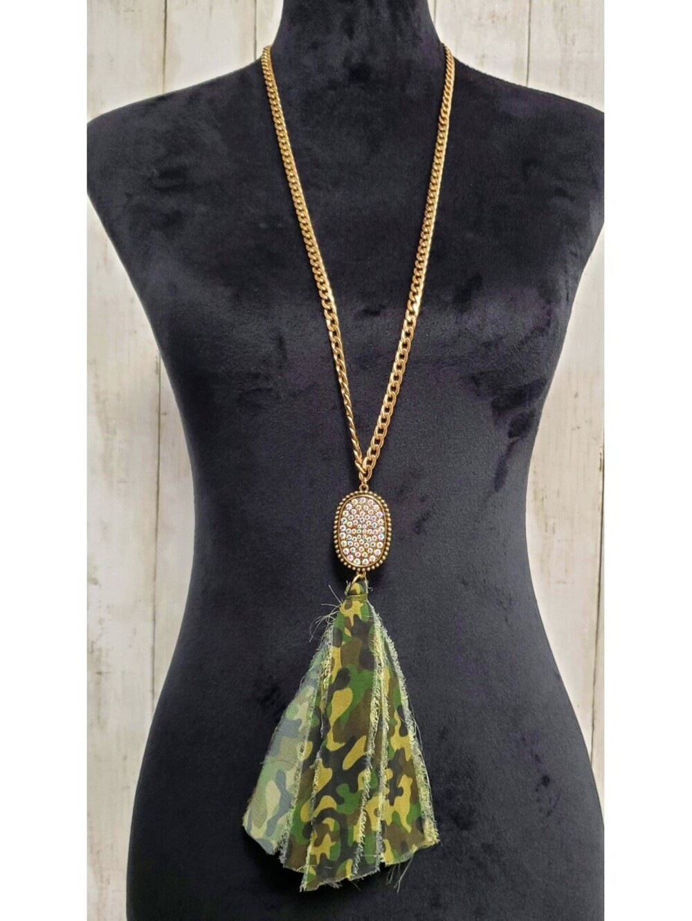 Plunder Jewelry Mariella Camouflage Fabric Fringe Tassel Rhinestone Necklace